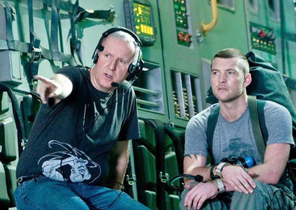 James Cameron et Sam Worthington sur le tournage