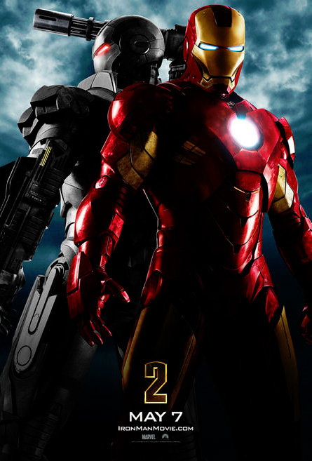 La première affiche d'"Iron Man 2" de Jon Favreau, où l'on découvre War Machine, l'alter ego du colonel James "Rhodey" Rhodes quand ce dernier revêt une armure...