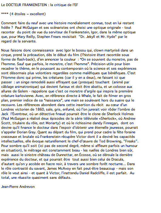 Le DOCTEUR FRANKENSTEIN : la critique de l'EF (voir cvi-dessous)