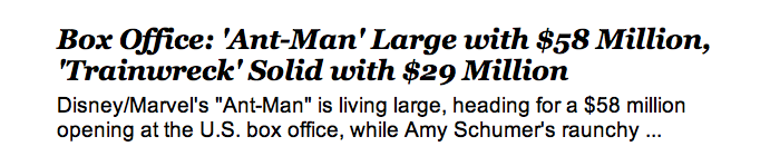 Succès confirmé pour ANT-MAN aux USA, avec 58M$ pour ses débuts…. !