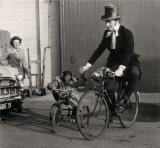 Peter Cushing en compagnie de son amical chimpanzé Lucy, durant le tournage de "La Revanche de Frankenstein" de terence Fisher (1958)